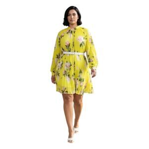 Beulah Style Pleated Floral Long Sleeve Chartreuse Yellow Mini Dress Tunic OS